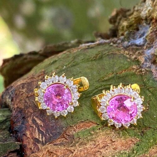 14 kt yellow gold earring set with pink sapphire and diamonds